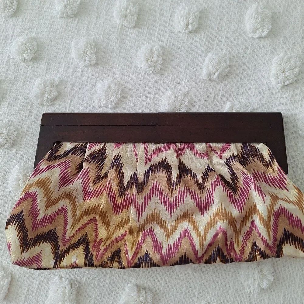 Aldo clutch shimmery multicolor fabric with wood handle
